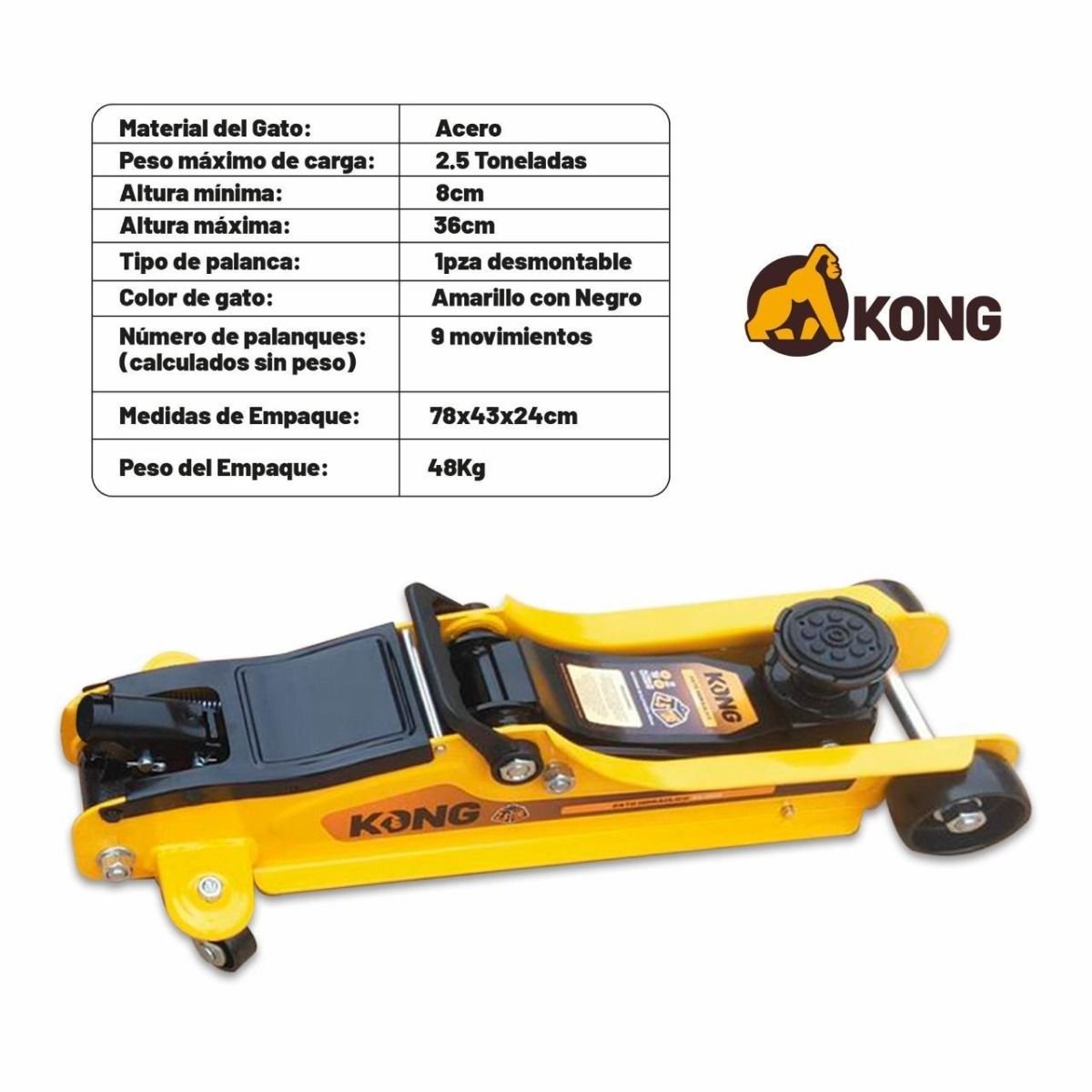 Gato Hidráulico de Patín 2.5 Toneladas Kong KO-G025 – Gato de Piso para Auto con Elevación Segura - Imagen 3